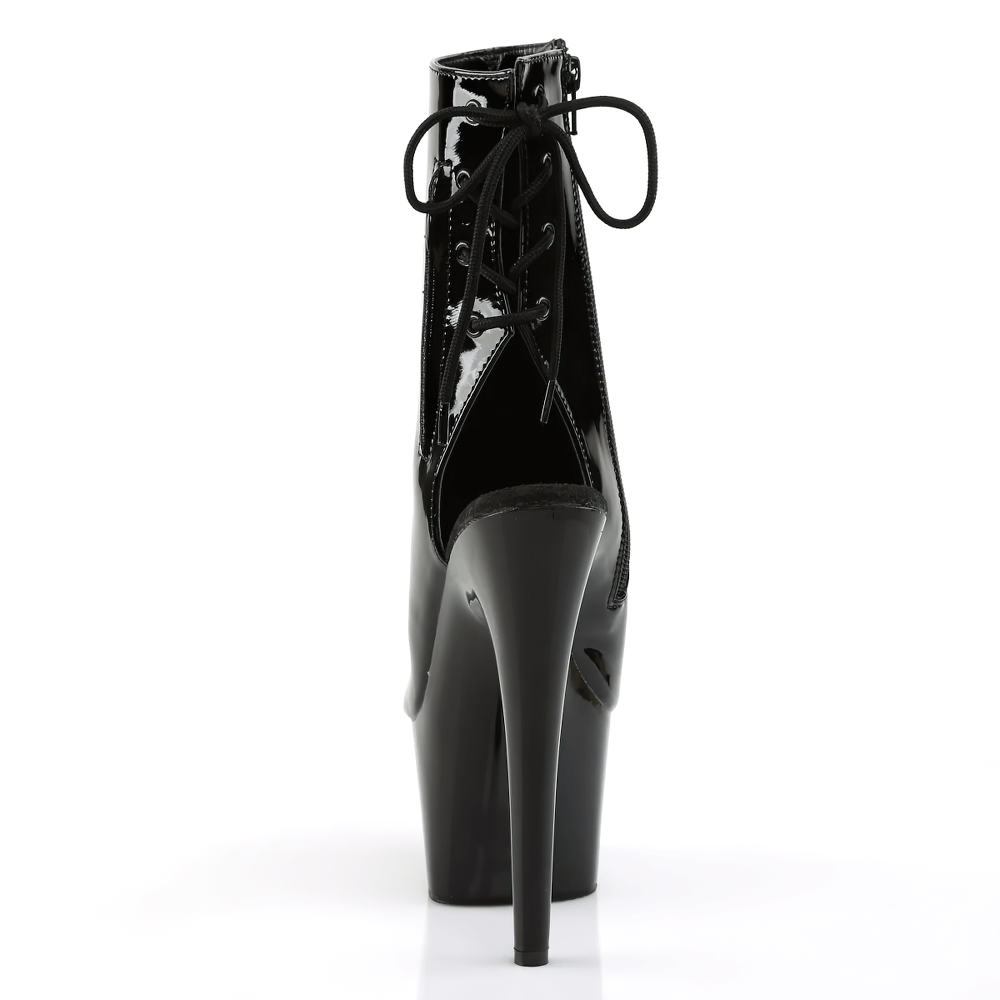 Glossy black stiletto ankle boots with lace-up back, featuring a high heel and open-toe design.
