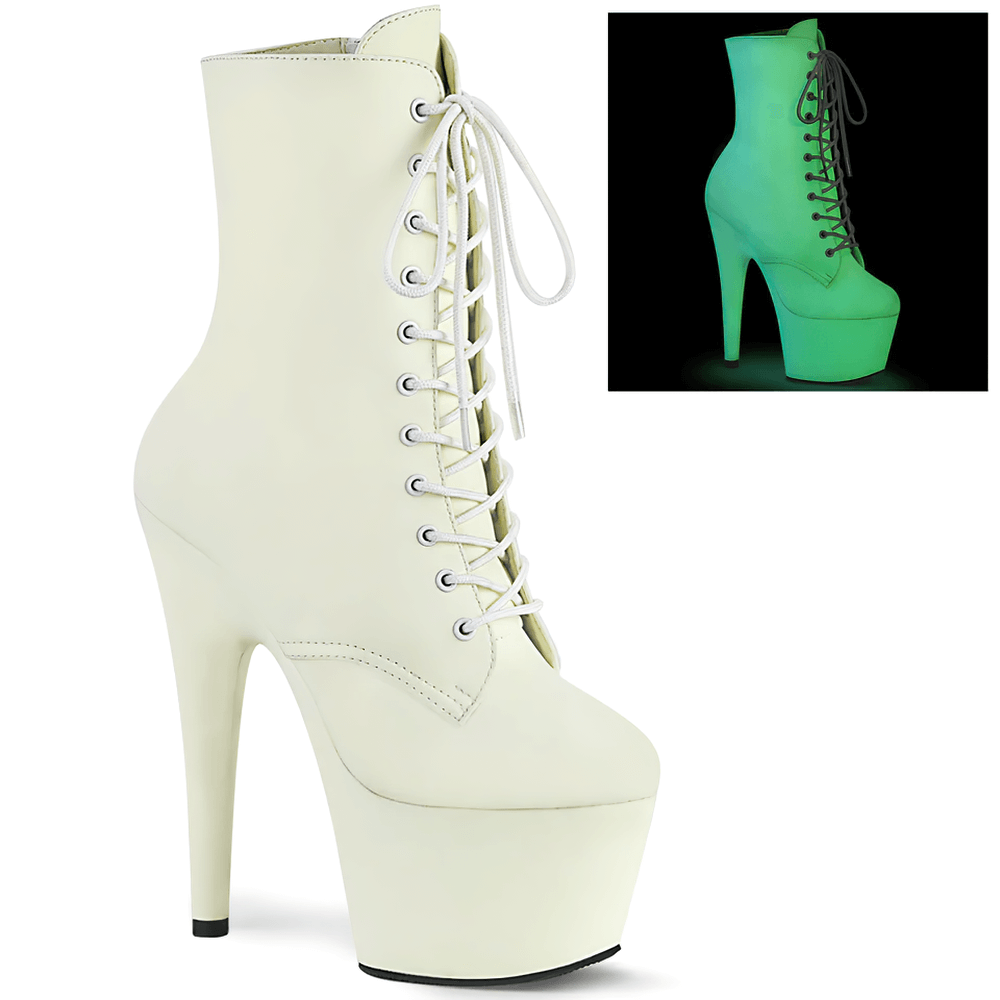 PLEASER glow-in-the-dark lace-up women's ankle boots in white vegan leather with high heel and platform.