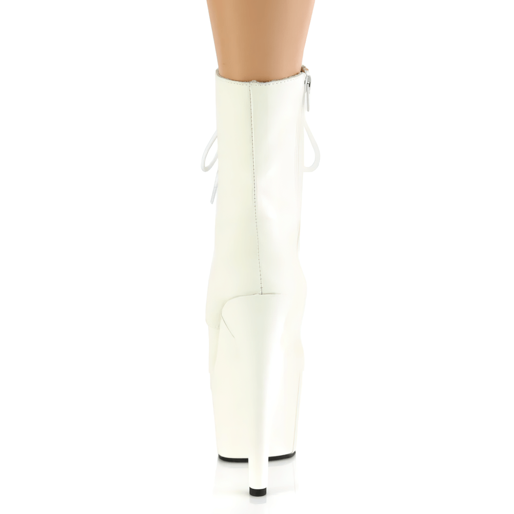 Back view of PLEASER glow-in-the-dark lace-up white ankle boots with a dramatic heel.
