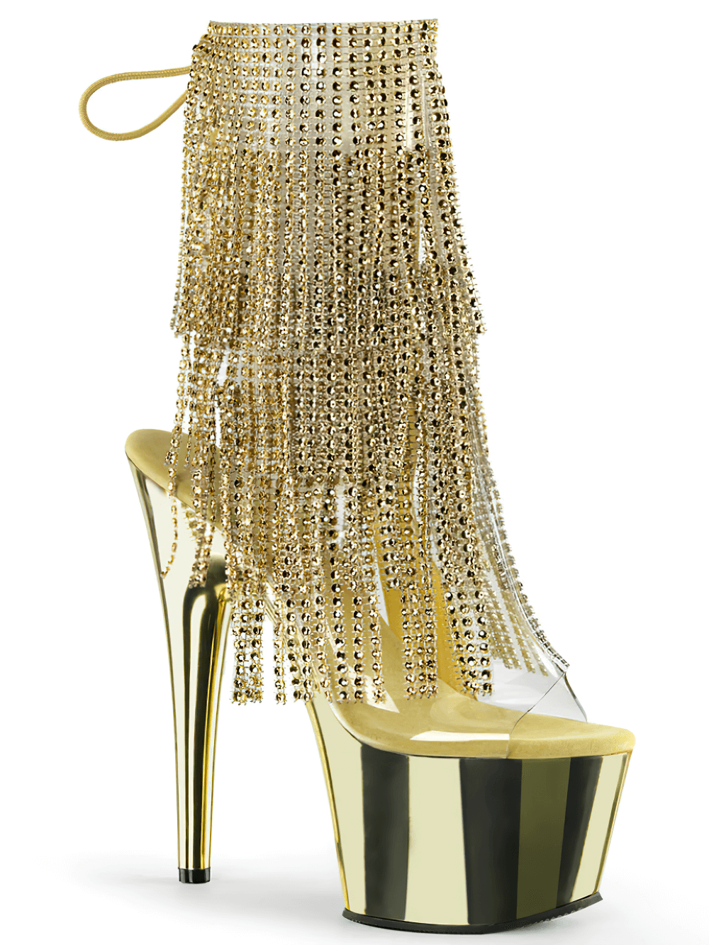 Glamorous Pleaser gold fringe lace-up stiletto heel with rhinestones and platform, perfect for dazzling outfits.
