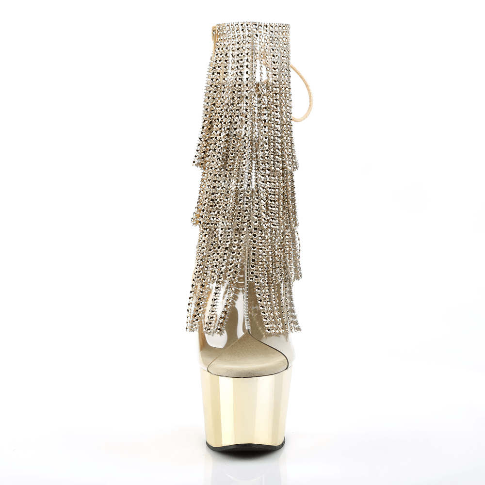 Back view of PLEASER Gold Fringe Lace-Up Stiletto Heels, featuring rhinestone fringe and chrome-plated platform.
