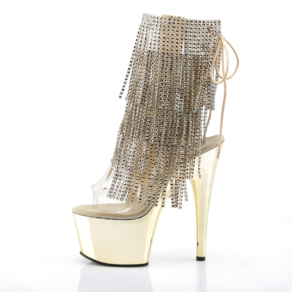 Glamorous Pleaser gold stiletto heels with rhinestone fringe and clear platform, perfect for adding sparkle to any outfit.