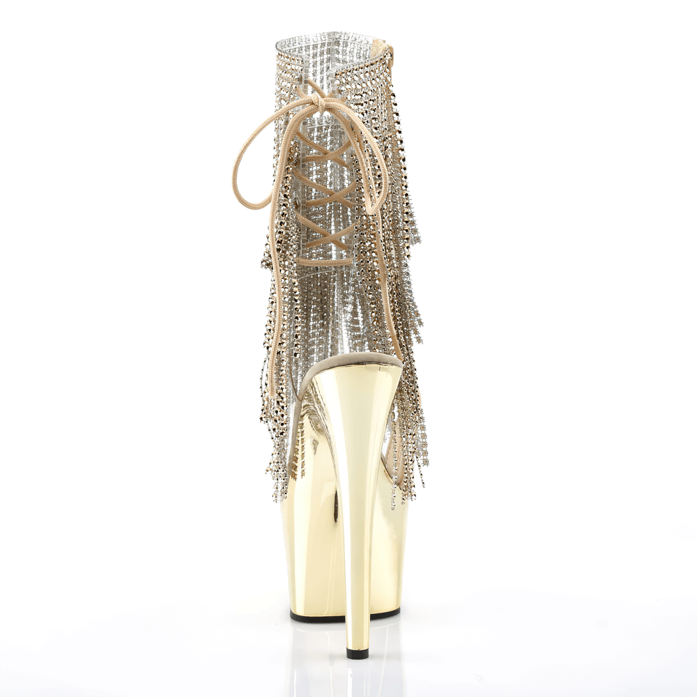 Back view of PLEASER Gold Fringe Lace-Up Stiletto Heels with platform, showcasing dazzling rhinestone fringe.