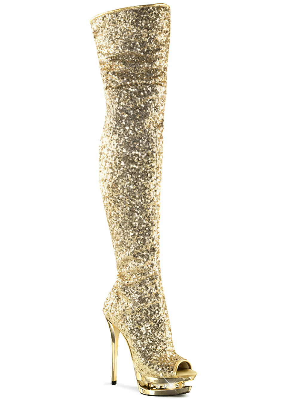 Gold rhinestone thigh-high boots with stiletto heel and open toe design, perfect for striking a bold fashion statement.