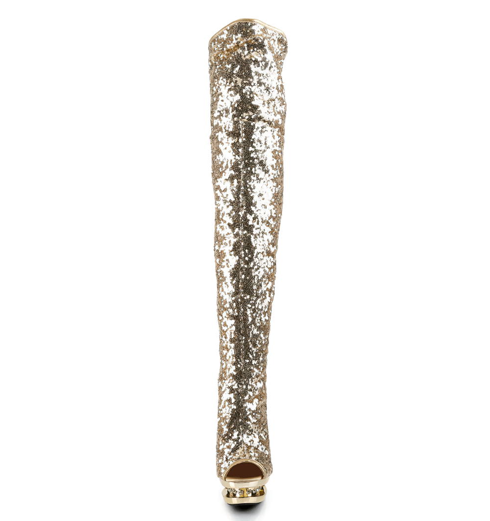 PLEASER gold stiletto thigh-high boots with rhinestones and open toe design, perfect for making a glamorous statement.