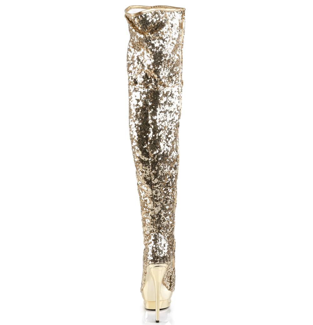 Gold thigh-high stiletto boots covered in dazzling rhinestones, featuring a sleek open-toe design and a shiny heel.