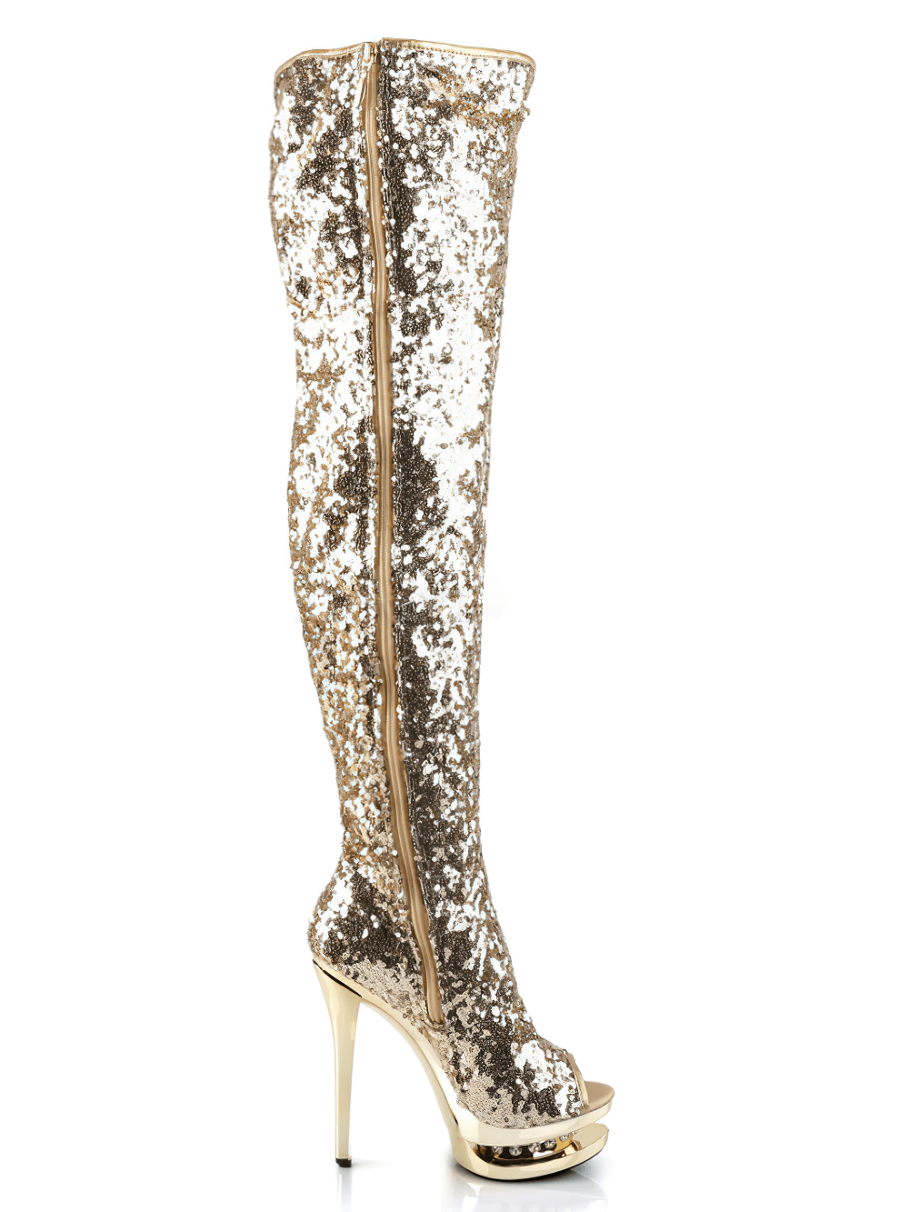 Glamorous gold stiletto thigh-high boots with rhinestones and shiny sequins, featuring an open toe and side zipper.
