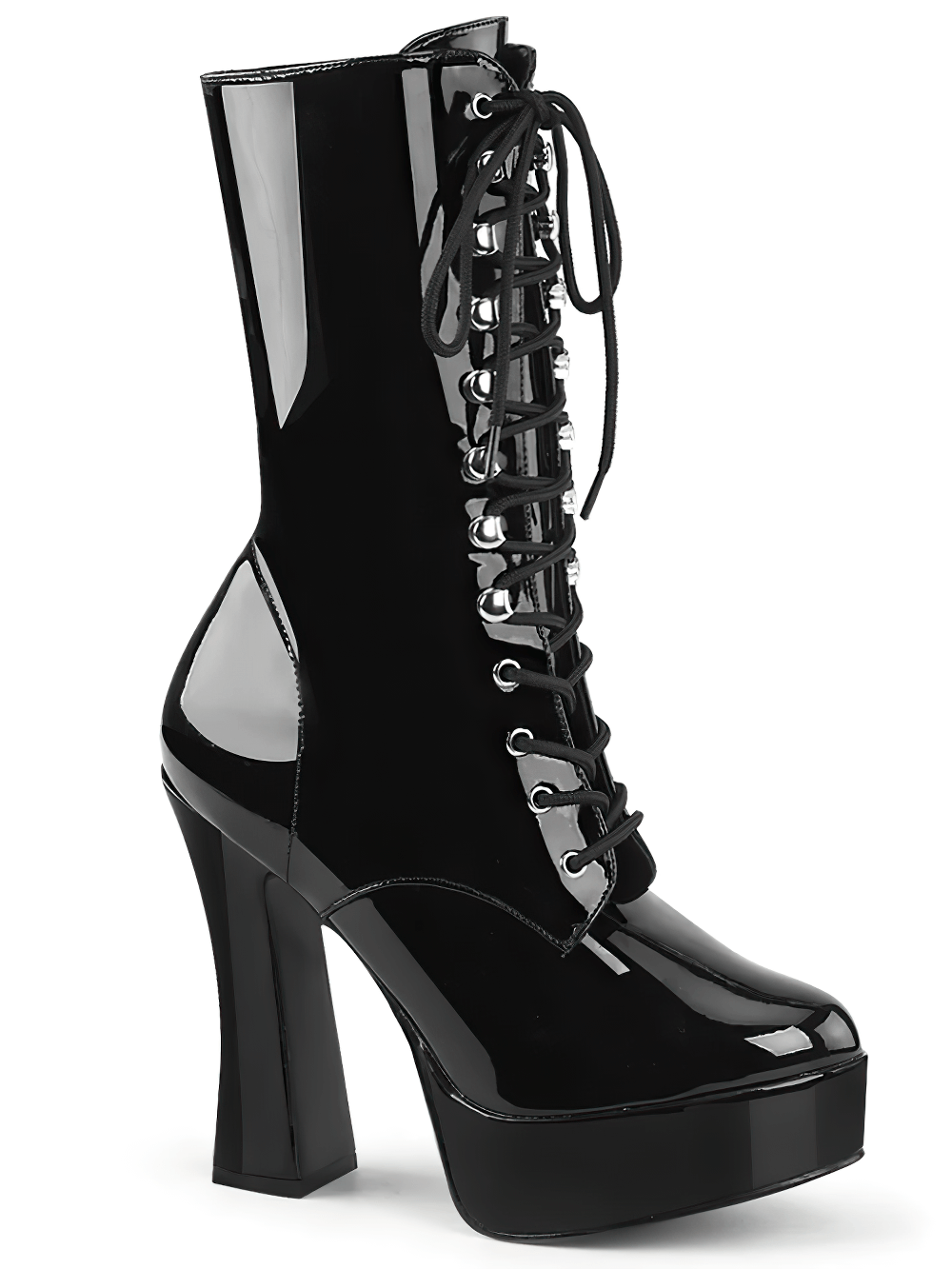Gothic black lace-up platform ankle boots with a 5-inch heel and shiny finish, perfect for a bold look.