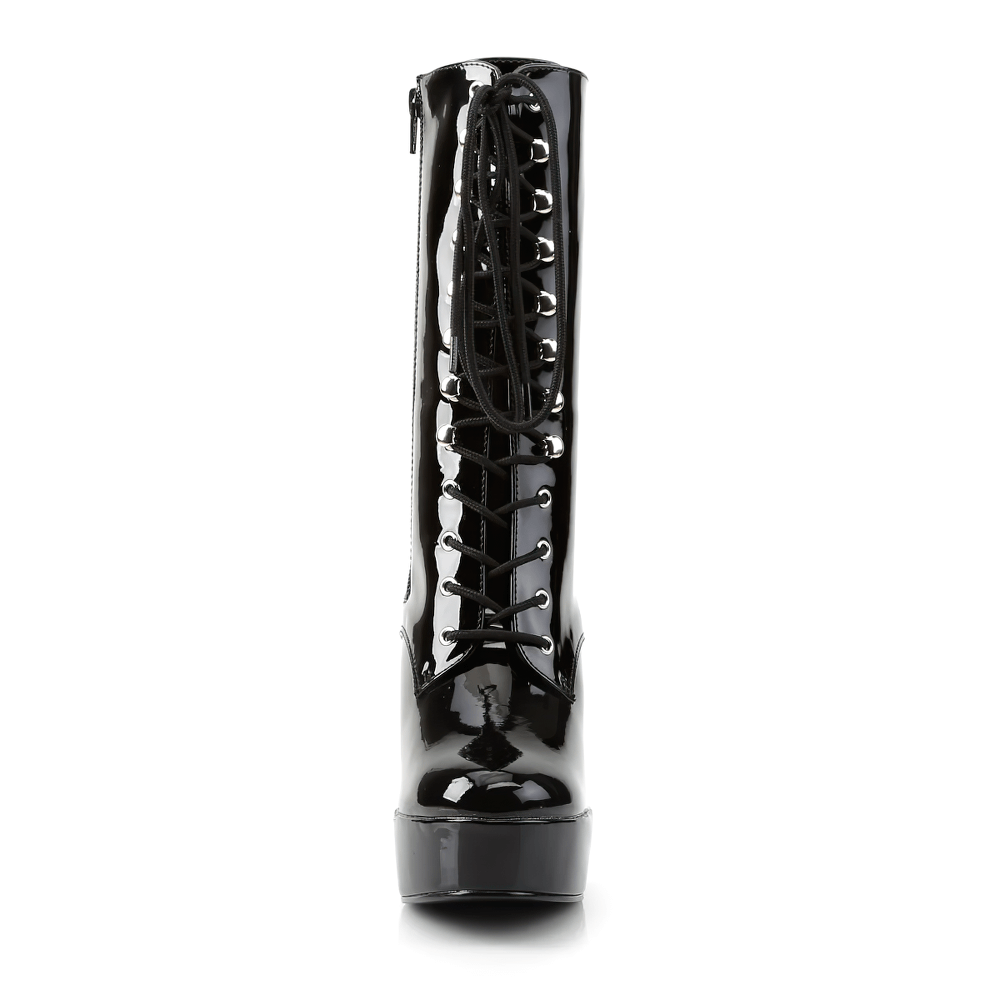 Front view of PLEASER Gothic Black Lace-Up Platform Ankle Boots with shiny finish, 5-inch heel, and inner side zipper.