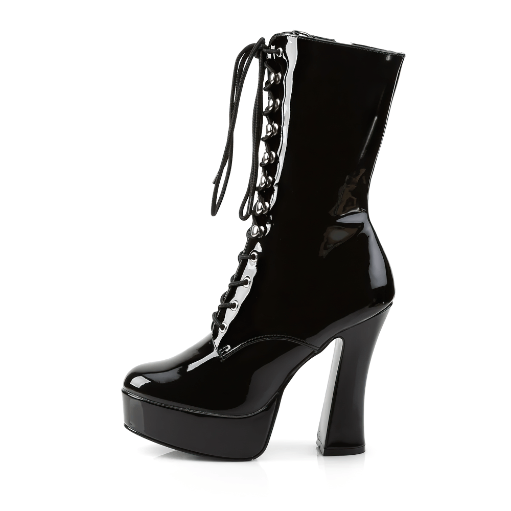 PLEASER Gothic black lace-up platform ankle boots with a 5-inch stacked heel and inner side zipper for easy wearing.