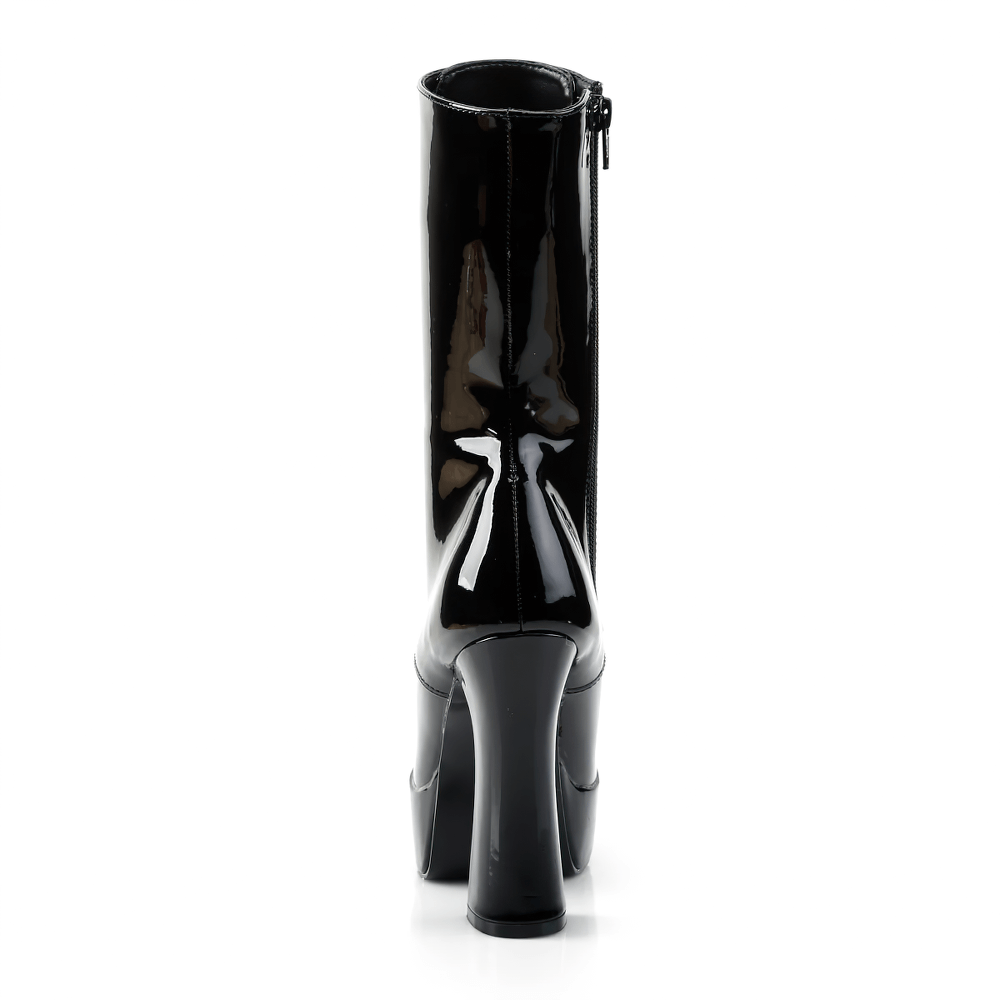 Sleek black patent leather ankle boots with a stacked heel and inner side zipper, perfect for bold style.