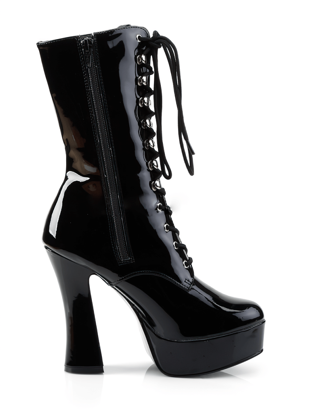 PLEASER Gothic black lace-up ankle boots with a 5-inch stacked heel and inner side zipper for easy wear.