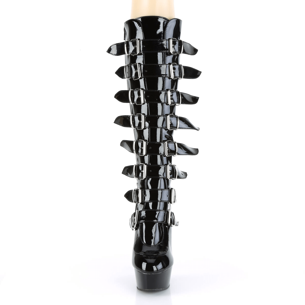 Gothic black knee boots with buckles and high heel, showcasing a sleek design and stylish platform.