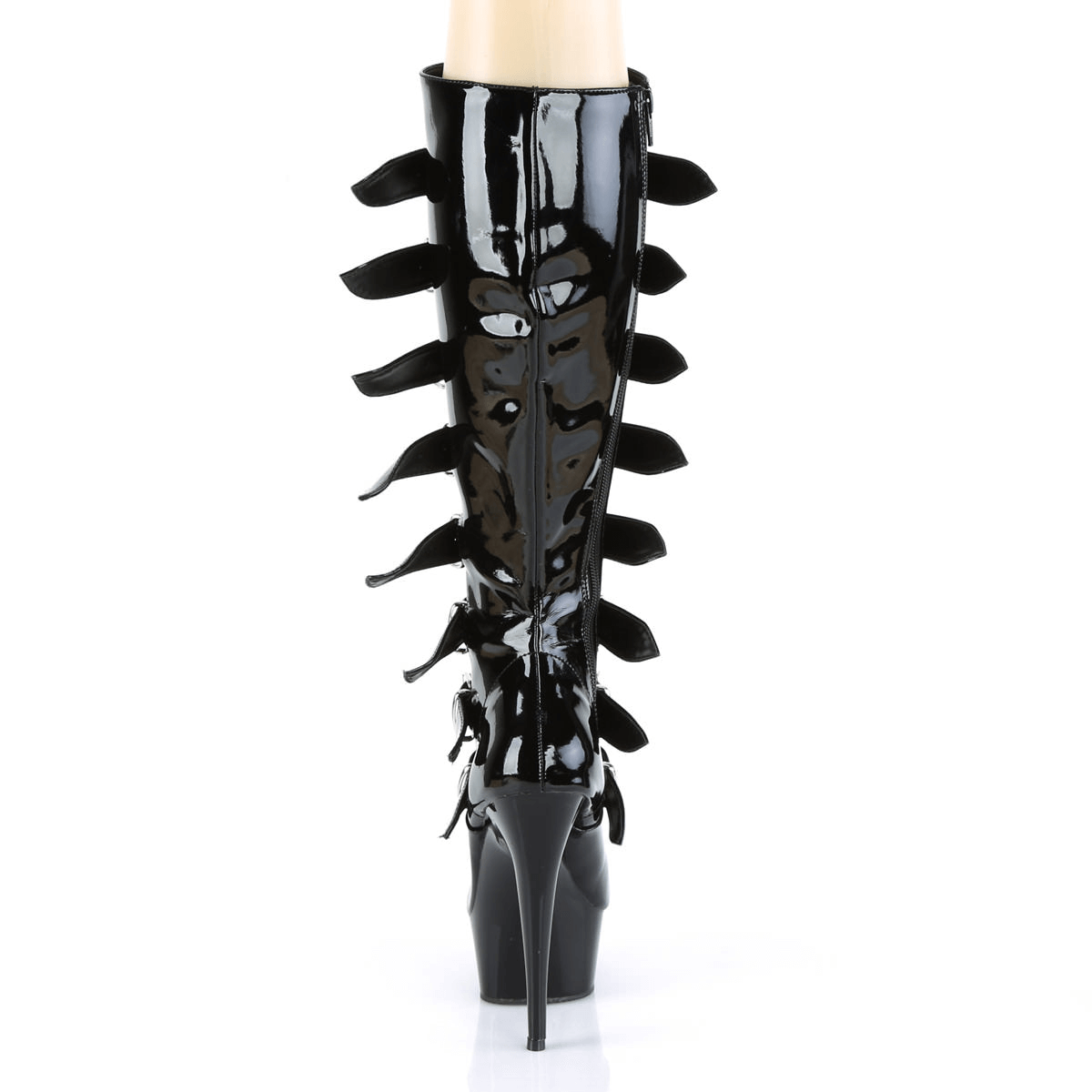 Black Gothic stiletto knee boots with eye-catching buckle detail and sleek patent finish.