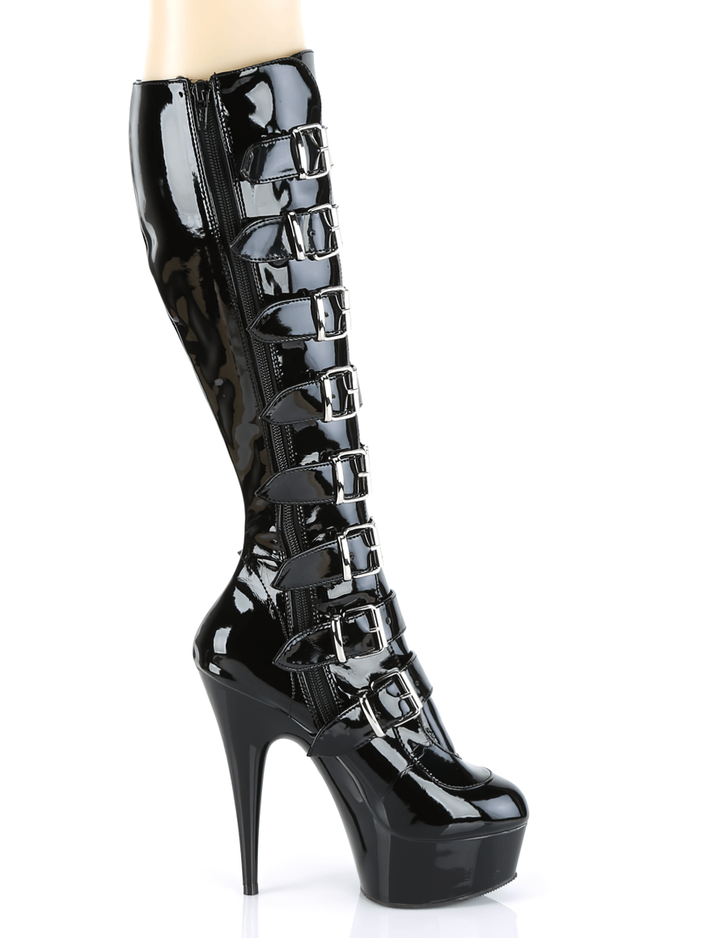 Gothic black knee boots featuring buckles, full zip, and commanding 6-inch stiletto heels.