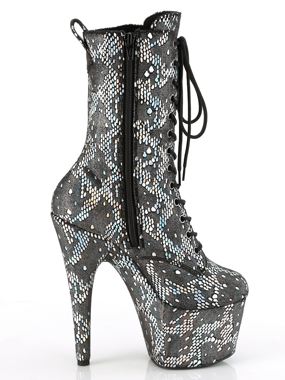 Stylish Pleaser gray lace-up ankle boots with iridescent snake print and side zip, featuring a bold 7-inch heel and platform.