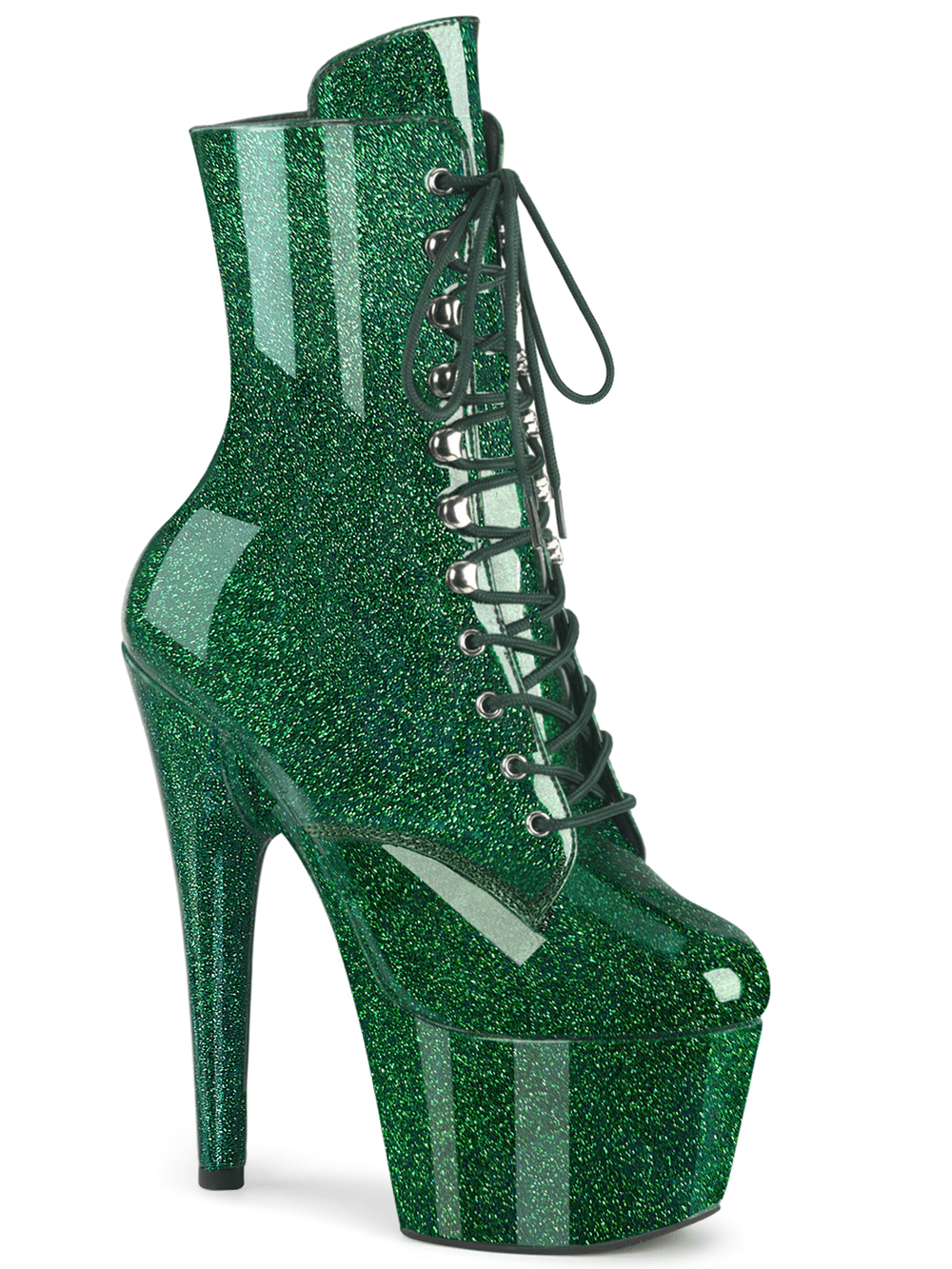 Sparkling green glitter lace-up stiletto ankle boots with a towering platform, perfect for bold fashion statements.