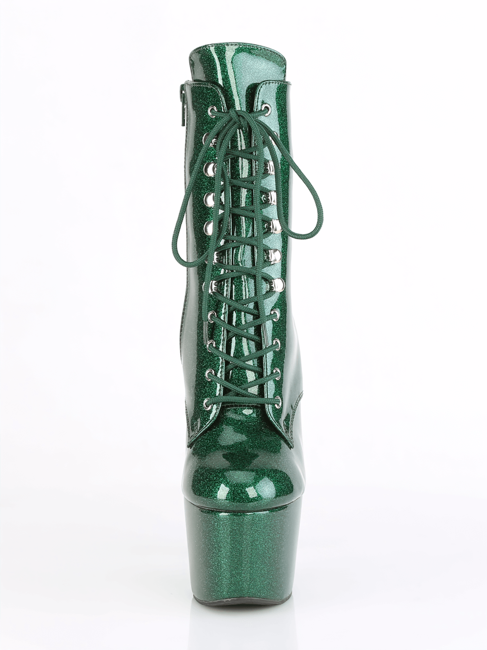 Sparkling green glitter lace-up stiletto platform ankle boots with side zip closure.