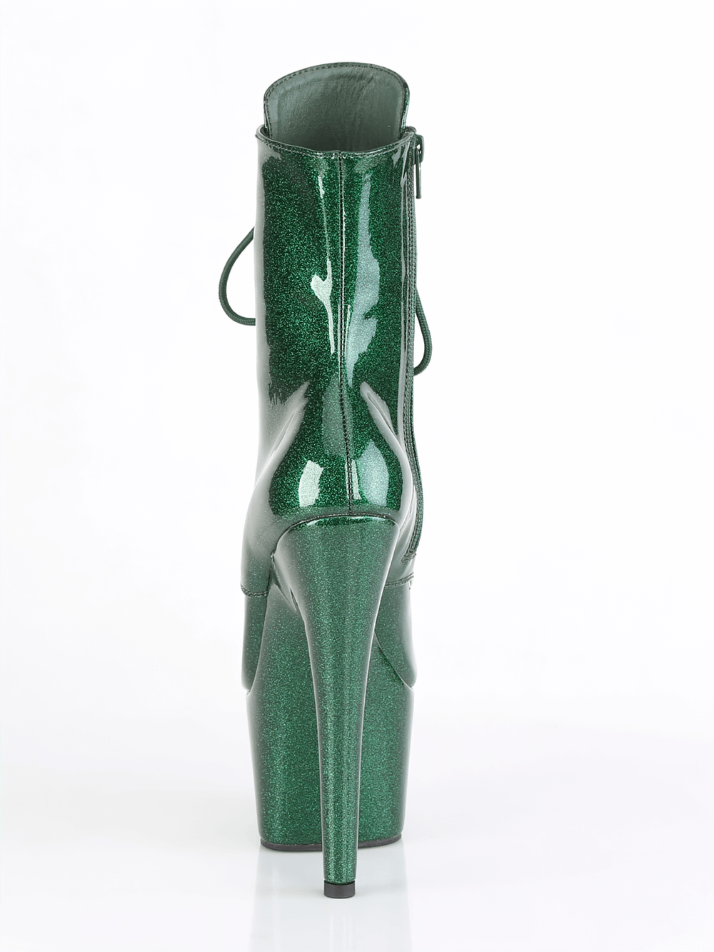 Sparkling green glitter lace-up ankle boots with a tall stiletto heel and side zip closure.