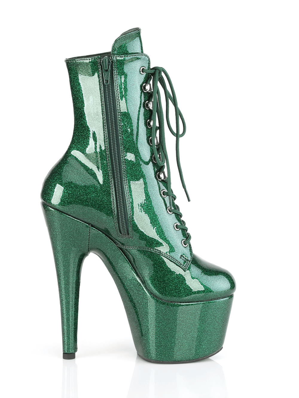Sparkling green glitter lace-up stiletto platform ankle boots with side zip closure and 7-inch heel.