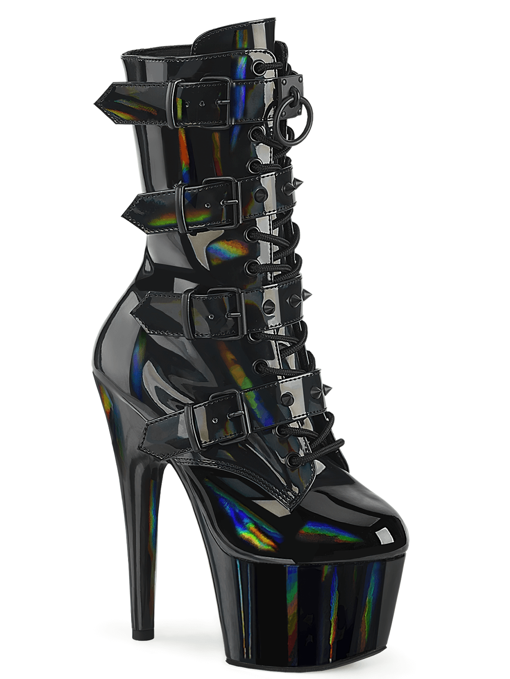 PLEASER Heel Black Hologram Lace-Up Ankle Boots with Buckles