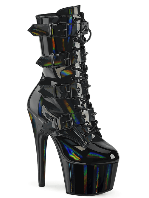 PLEASER ヒール 黒 ホログラム 編み上げ 足首 ブーツ バックル付き