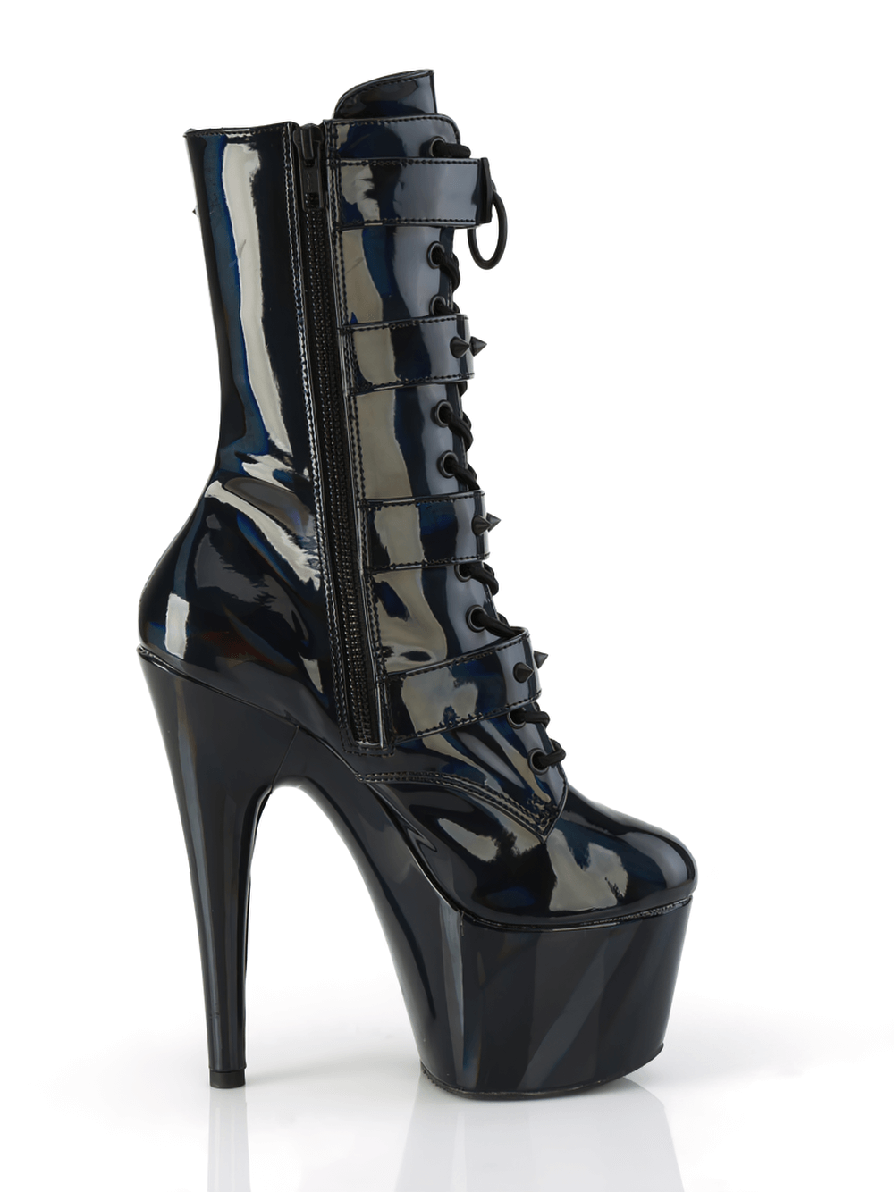 PLEASER Heel Black Hologram Lace-Up Ankle Boots with Buckles