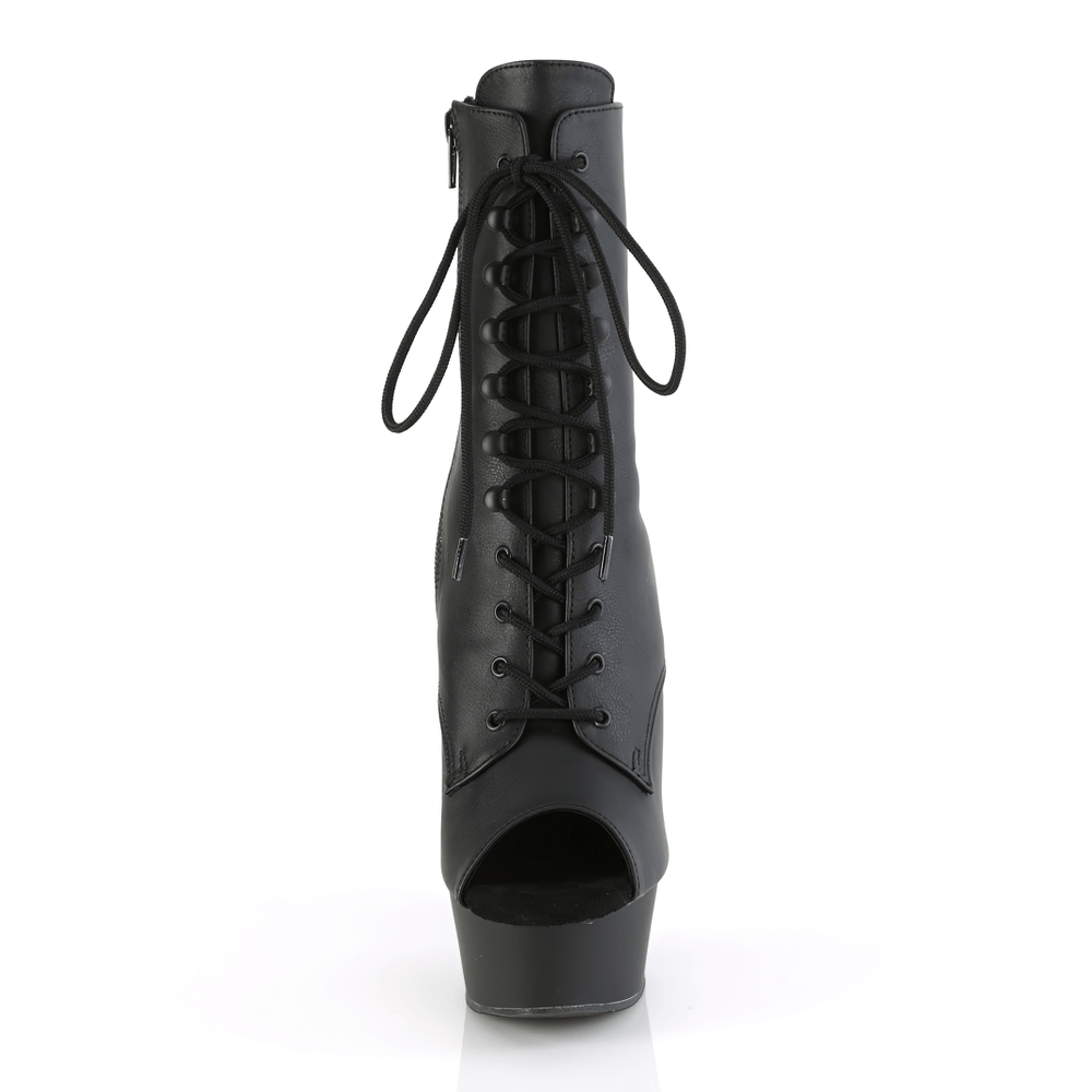 Black vegan leather lace-up peep toe ankle boots with platform and side zip closure.