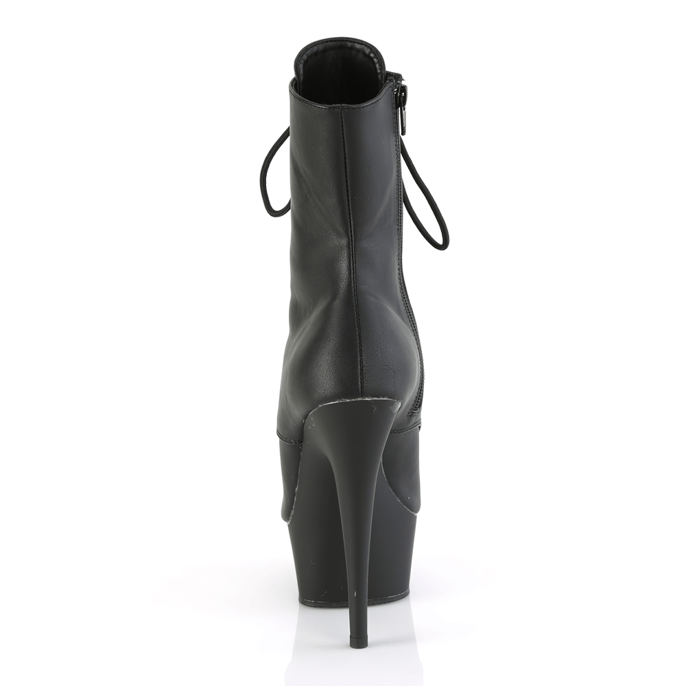 Back view of PLEASER vegan leather ankle boots with peep toe, lace-up design, and chic 6-inch heel.