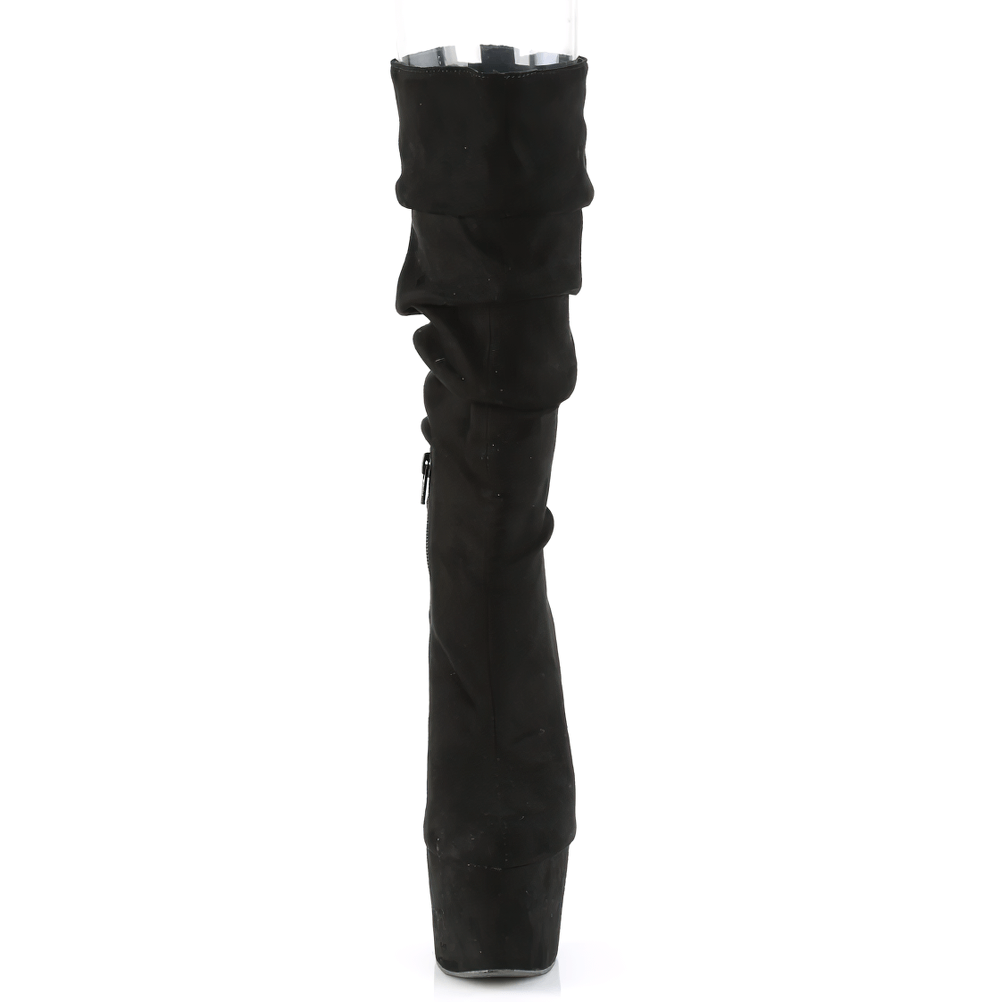 Slouchy black mid-calf platform boots with a 7-inch heel and zip closure, ideal for bold fashion statements.