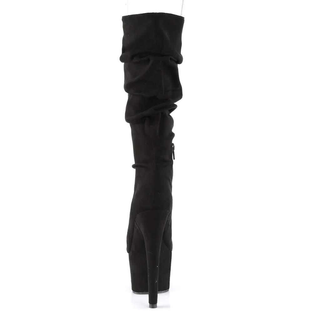 Slouchy black mid-calf platform boots with 7-inch heel and zip closure, perfect for bold fashion statements.