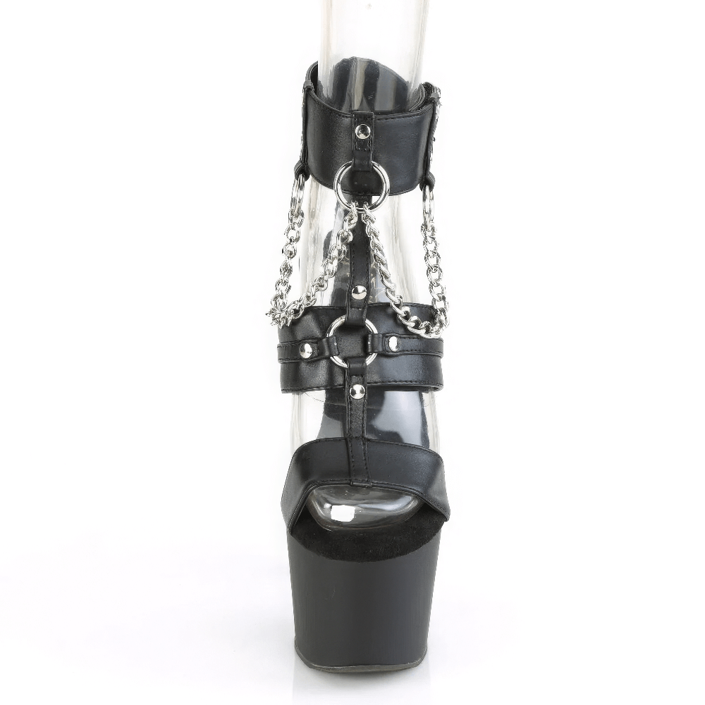 Black strappy heel sandals with chains and metal rings, featuring a 7-inch heel and 2.75-inch platform for a bold look.