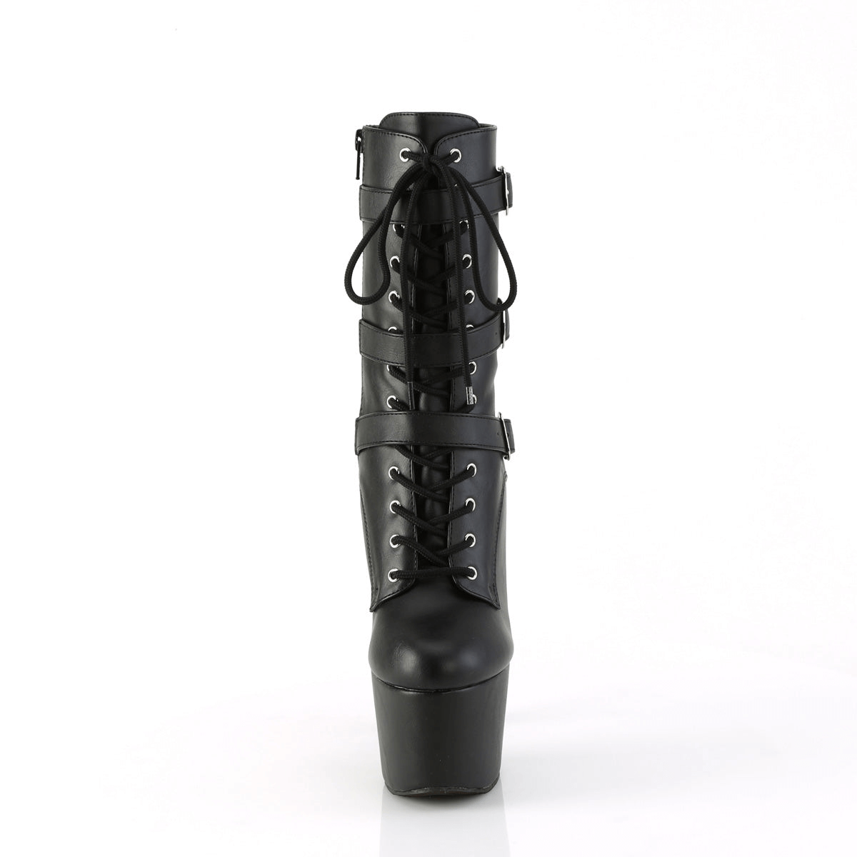 Black heeled lace-up ankle boot with triple buckle straps and platform sole, perfect for bold fashion statements.