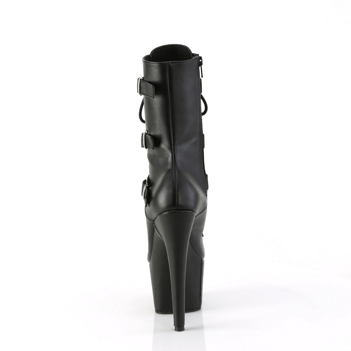 Back view of PLEASER daring heeled lace-up ankle boot with triple buckle straps and high stiletto heel.