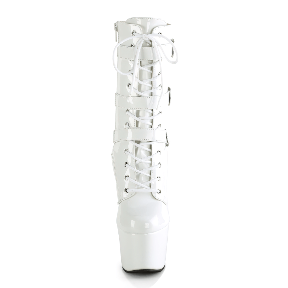Stylish white heeled ankle boots with triple buckle straps and lace-up front, perfect for daring fashion statements.