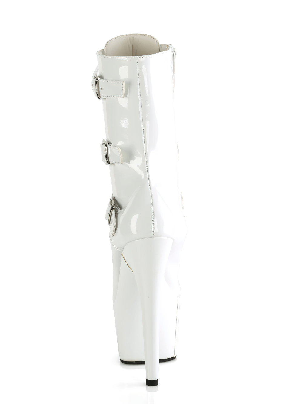 Sleek white ankle boots with triple buckle straps and a towering 7-inch heel for bold fashion statements.