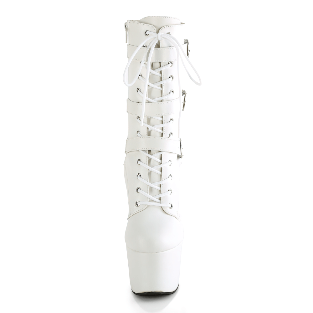 Stunning white lace-up ankle boots with triple straps and high heel, perfect for bold fashion statements.