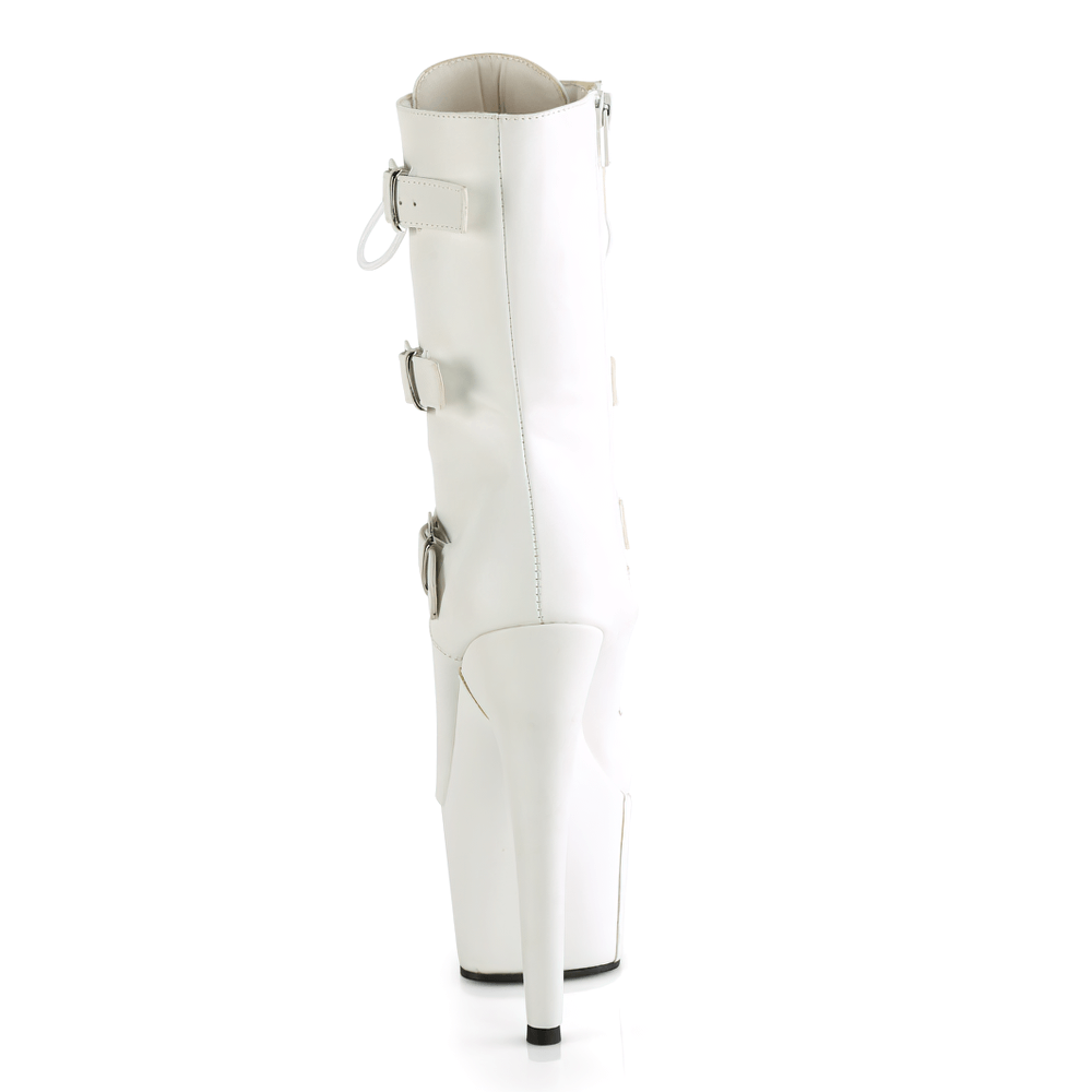 Stylish PLEASER white ankle boots featuring triple straps and a sleek high heel design.