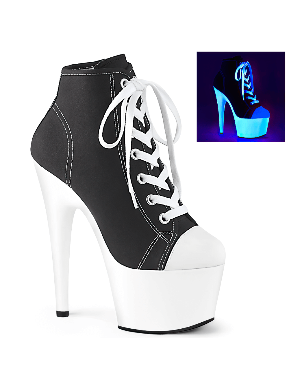 High-top platform boots with a striking black and white design and a blacklight reactive sole that glows under UV light.