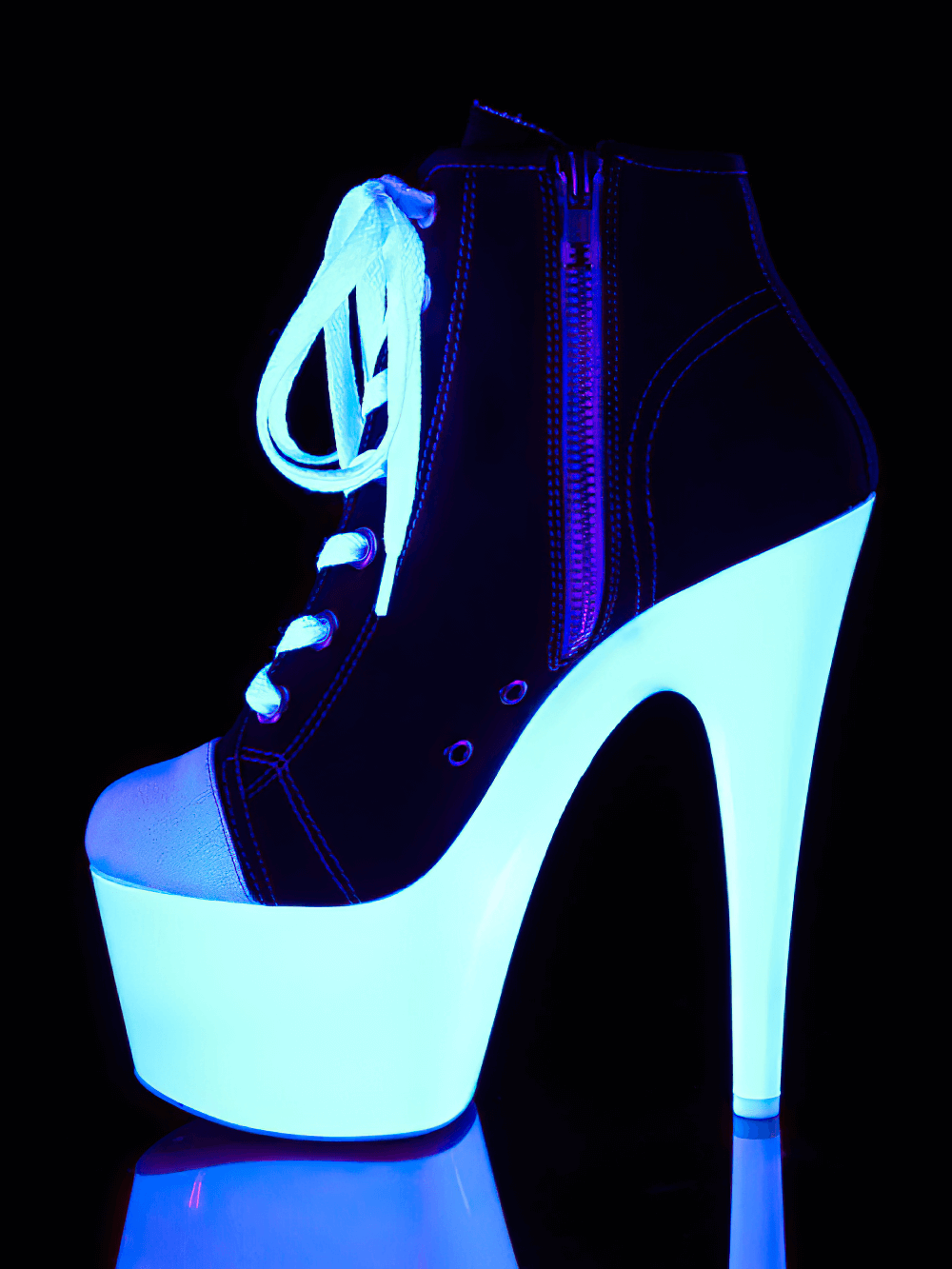 Stylish high-top platform boots with UV reactive sole, featuring a 7-inch heel, glowing under blacklight.