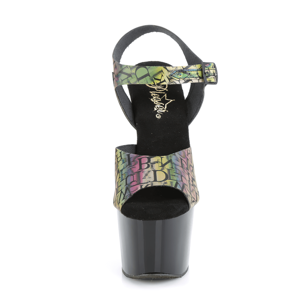 PLEASER holographic letter print sandals with 7-inch heel and ankle strap, sleek black and green design.