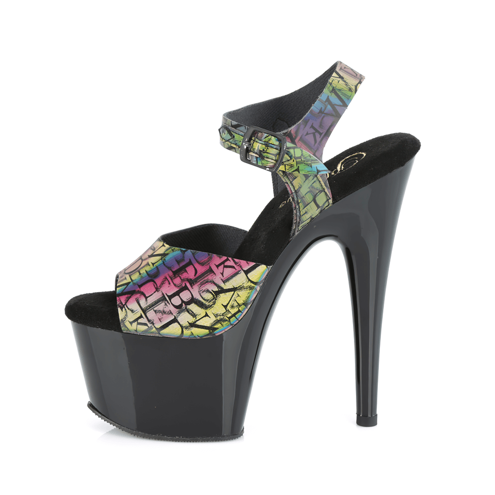 Stylish PLEASER holographic print platform sandals with 7-inch heel and ankle strap, featuring vibrant letter design.