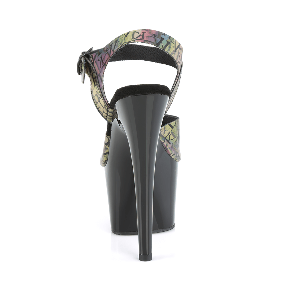 Back view of PLEASER holographic ankle strap platform sandals with a tall 7-inch heel, featuring colorful letter print.