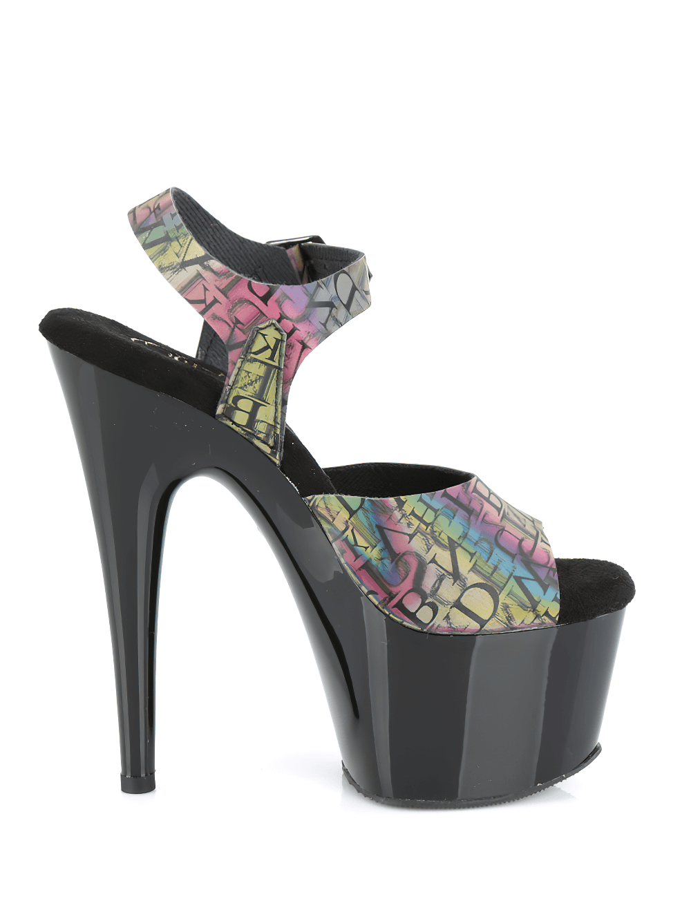 PLEASER holographic letter print platform sandals with 7-inch heel for bold style and standout looks.