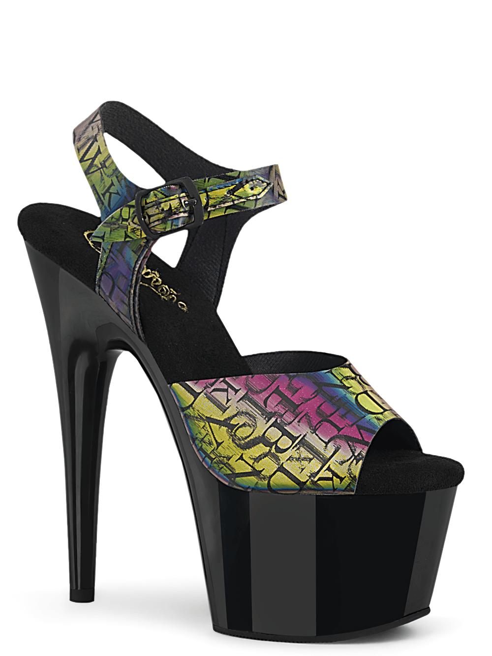 Holographic letter print platform sandals with 7-inch heel for bold style and unique flair.