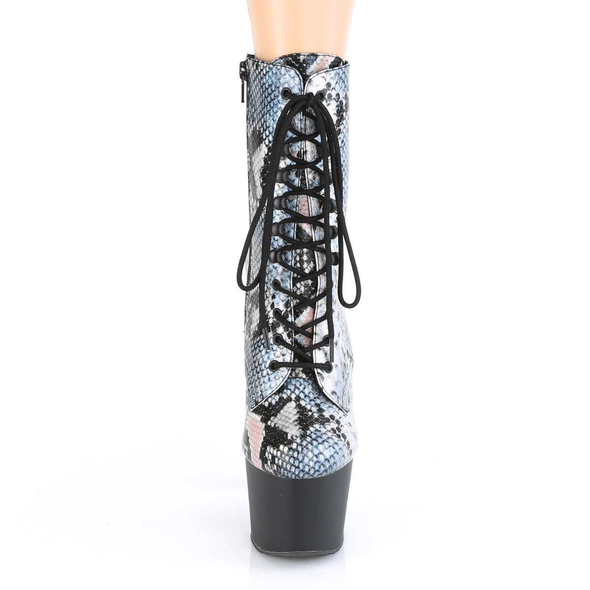 Holographic snake print lace-up ankle boots with 7-inch heels and platform, showcasing iridescent design.