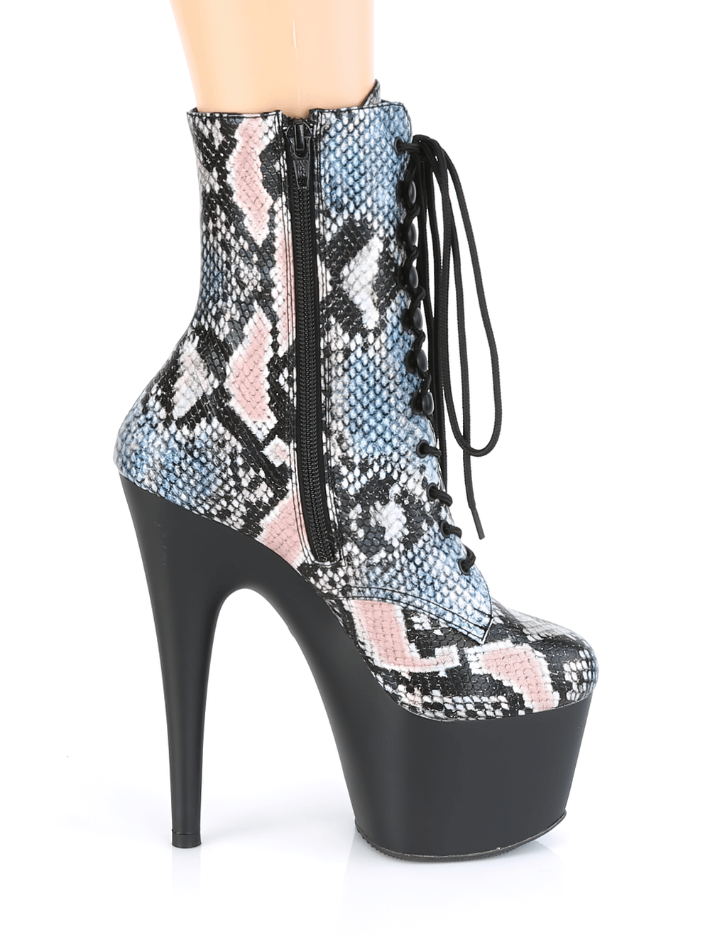 Stylish PLEASER holographic snake print platform heeled ankle boot with lace-up design and zip closure.