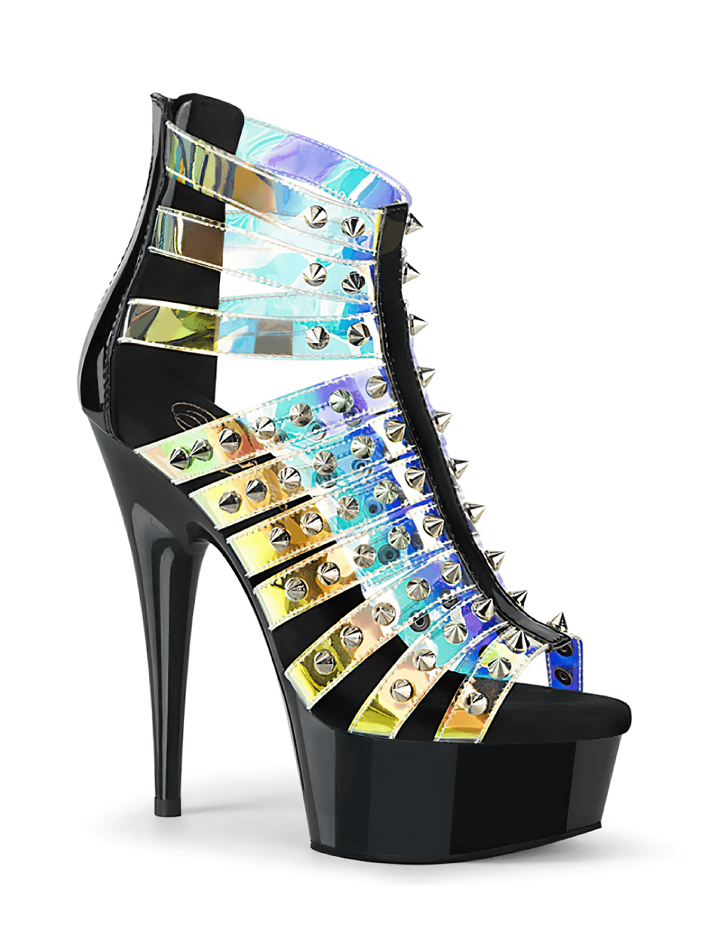 Bold PLEASER holographic spiked stiletto cage sandals with zipper, 6-inch heel and dazzling straps.