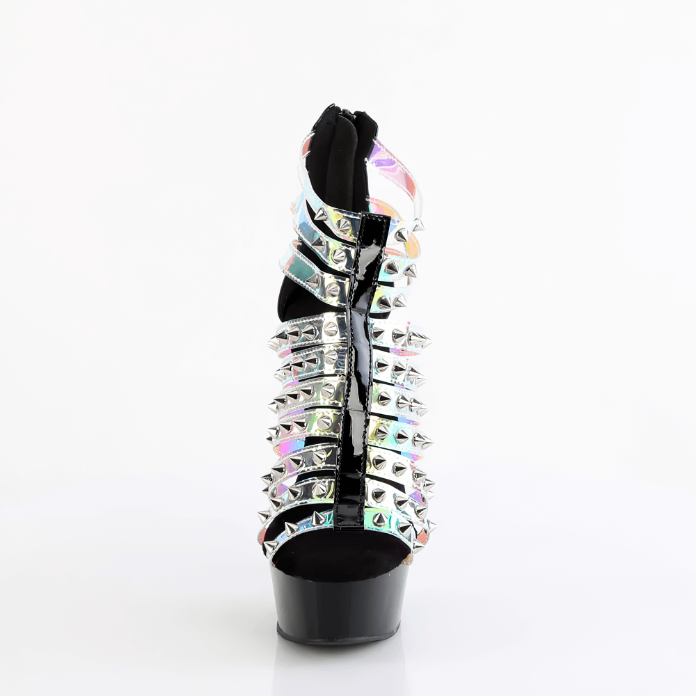 PLEASER holo spiked stiletto cage sandals showcase bold metallic spikes and a sleek back zipper.