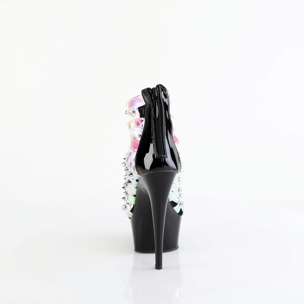 Back view of PLEASER holographic spiked stiletto cage sandals showcasing sleek zipper and stylish heel.